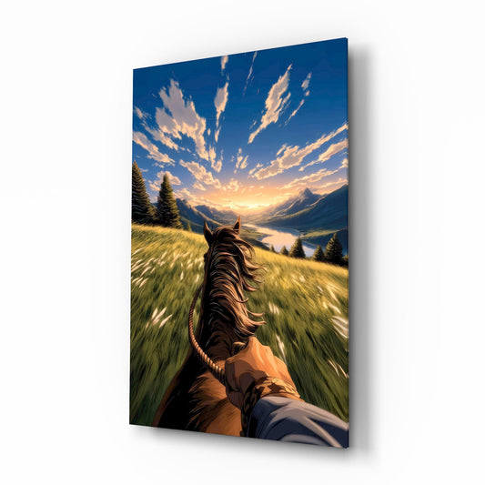 Horseback Ride Mountain Valley Glass Wall Art - Lifestyle preview in a designer interior