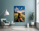a first-person horseback ride toward a valley glass wall art styled above an armchair in a reading corner