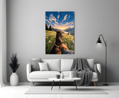 a first-person horseback ride toward a valley panel bringing character to a minimalist living room wall