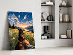 a first-person horseback ride toward a valley panel resting in a shelving niche in a modern interior
