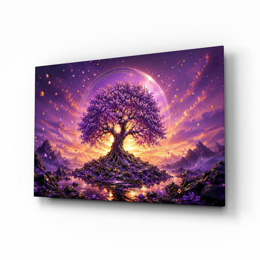 Purple Tree of Life Glowing Sunset Glass Wall Art - Lifestyle preview in a designer interior