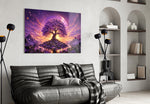 a purple tree of life at glowing sunset glass wall art styled above an armchair in a reading corner