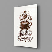 a latte-art coffee cup with hand lettering glass wall art angled to show the polished tempered glass panel