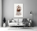a latte-art coffee cup with hand lettering panel bringing character to a minimalist living room wall