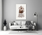 a latte-art coffee cup with hand lettering panel bringing character to a minimalist living room wall