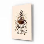 Steaming Coffee Cup Sunburst Typography Glass Wall Art - Lifestyle preview in a designer interior