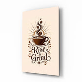 Steaming Coffee Cup Sunburst Typography Glass Wall Art - Lifestyle preview in a designer interior
