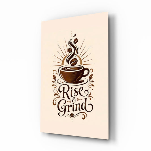 Steaming Coffee Cup Sunburst Typography Glass Wall Art - Lifestyle preview in a designer interior