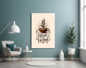 a coffee cup with a sunburst and lettering glass wall art styled above an armchair in a reading corner