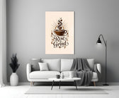 a coffee cup with a sunburst and lettering panel bringing character to a minimalist living room wall