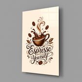 a splashing espresso cup with lettering glass wall art angled to show the polished tempered glass panel