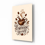 Splashing Espresso Cup Typography Glass Wall Art - Lifestyle preview in a designer interior
