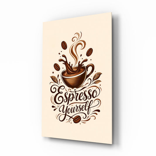 Splashing Espresso Cup Typography Glass Wall Art - Lifestyle preview in a designer interior