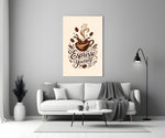 a splashing espresso cup with lettering panel bringing character to a minimalist living room wall