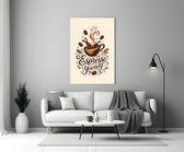 a splashing espresso cup with lettering panel bringing character to a minimalist living room wall