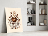 a splashing espresso cup with lettering panel resting in a shelving niche in a modern interior