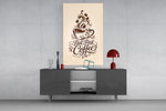 brown script coffee cup typography glass wall art styled in an atmospheric room setting