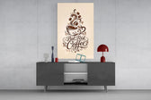 brown script coffee cup typography glass wall art styled in an atmospheric room setting
