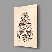 brown script coffee cup typography glass wall art angled to show the polished tempered glass panel
