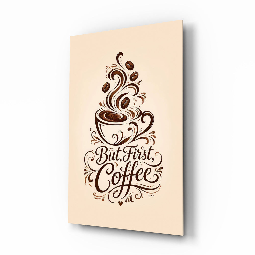 Brown Script Coffee Cup Typography Glass Wall Art - Lifestyle preview in a designer interior