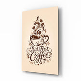 Brown Script Coffee Cup Typography Glass Wall Art - Lifestyle preview in a designer interior