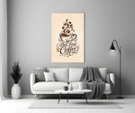 brown script coffee cup typography panel bringing character to a minimalist living room wall