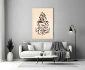 brown script coffee cup typography panel bringing character to a minimalist living room wall
