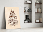brown script coffee cup typography panel resting in a shelving niche in a modern interior