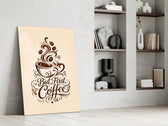 brown script coffee cup typography panel resting in a shelving niche in a modern interior