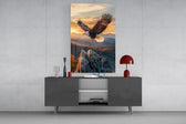 a bald eagle over autumn mountains at sunset glass wall art styled in an atmospheric room setting