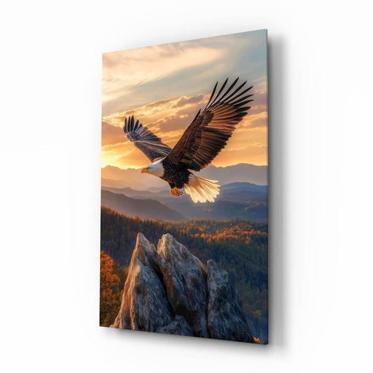 Soaring Bald Eagle Autumn Sunset Glass Wall Art - Lifestyle preview in a designer interior