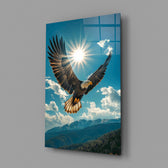 a bald eagle before a bright sunburst glass wall art angled to show the polished tempered glass panel