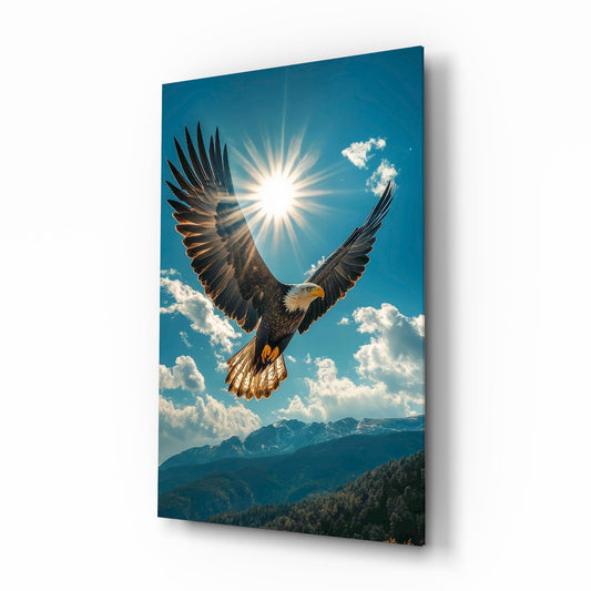 Bald Eagle Sunburst Blue Sky Glass Wall Art - Lifestyle preview in a designer interior