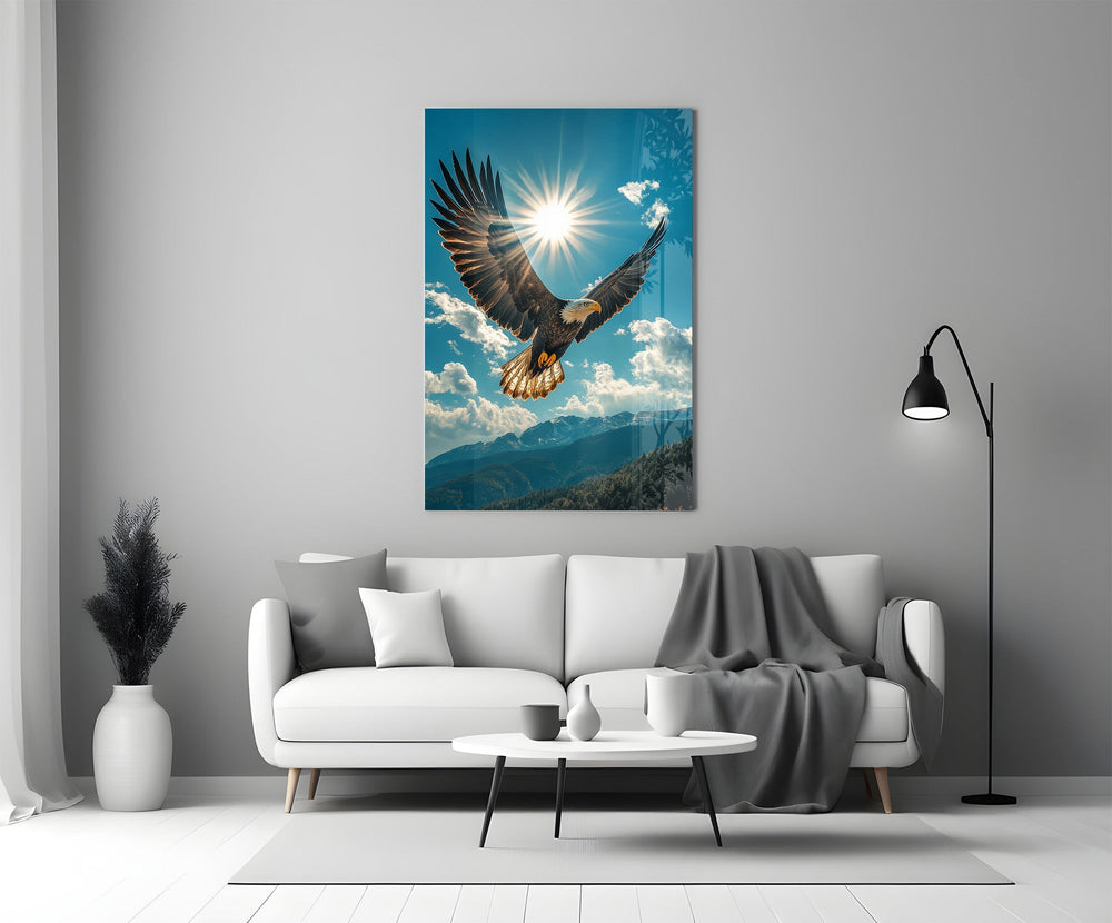 a bald eagle before a bright sunburst panel bringing character to a minimalist living room wall