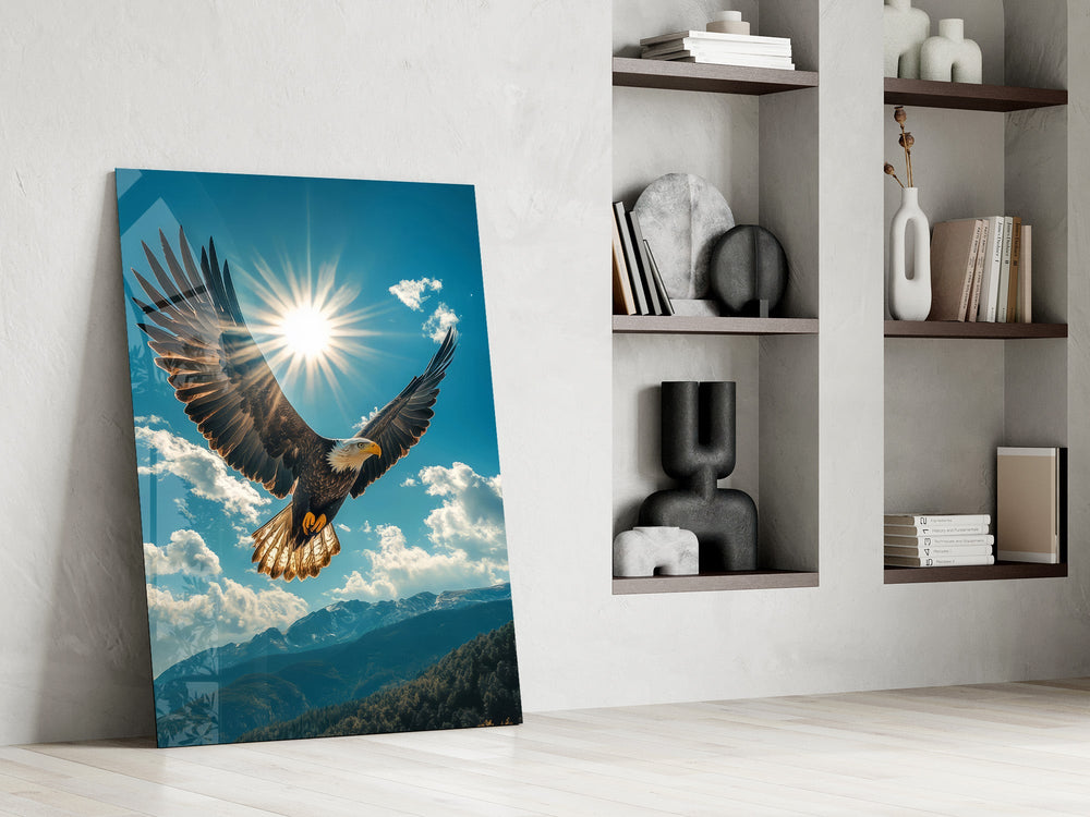 a bald eagle before a bright sunburst panel resting in a shelving niche in a modern interior