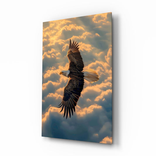 Bald Eagle Above Golden Clouds Glass Wall Art - Lifestyle preview in a designer interior