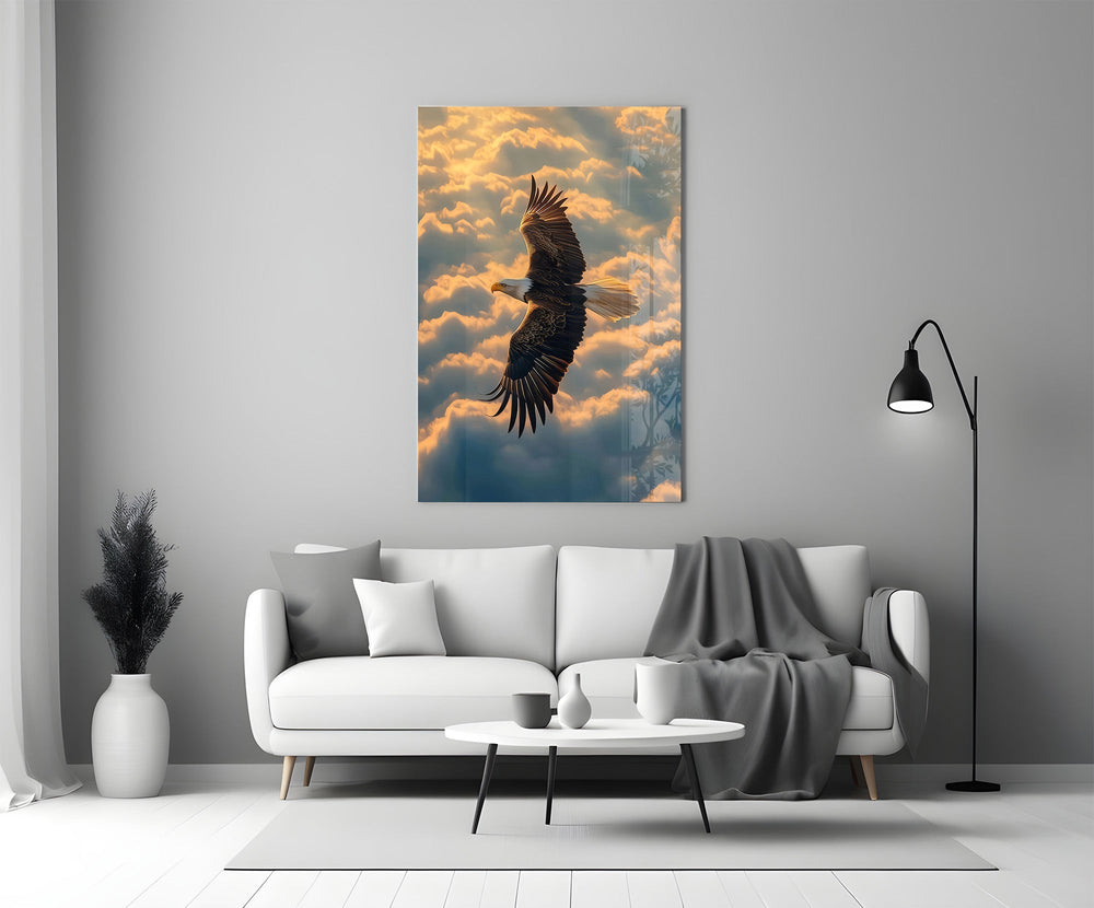 a bald eagle soaring above golden clouds panel bringing character to a minimalist living room wall