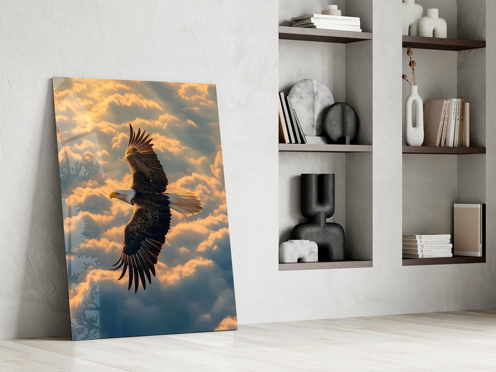 a bald eagle soaring above golden clouds panel resting in a shelving niche in a modern interior