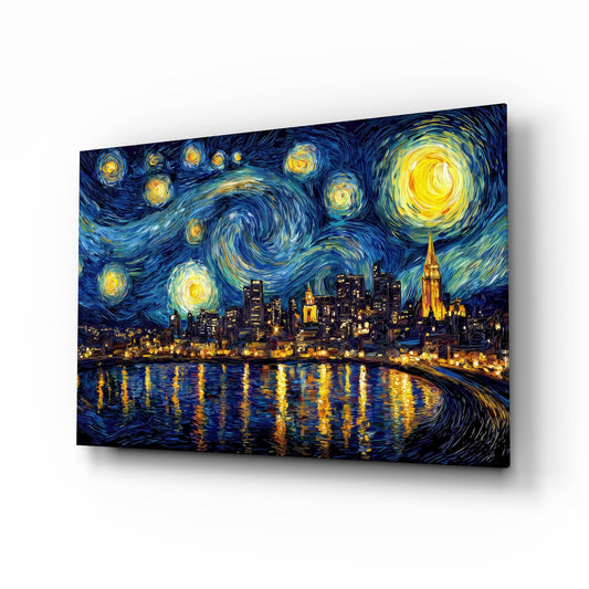 Swirling Starry Night City Skyline Glass Wall Art - Lifestyle preview in a designer interior