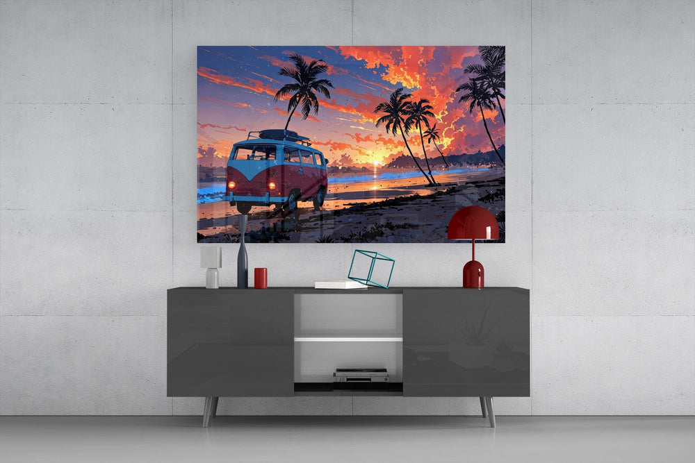 a retro camper van on a beach at sunset glass wall art styled in an atmospheric room setting