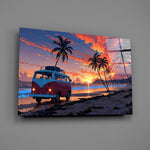 a retro camper van on a beach at sunset glass wall art angled to show the polished tempered glass panel