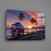 a retro camper van on a beach at sunset glass wall art angled to show the polished tempered glass panel
