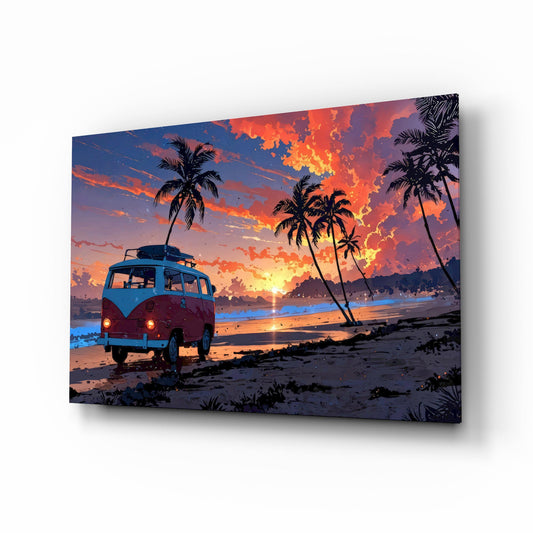 Retro Camper Van Beach Sunset Glass Wall Art - Lifestyle preview in a designer interior