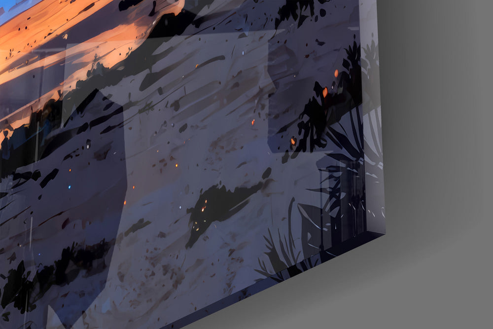 Close-up detail of the two-tone van and the fiery palm-lined horizon on the glass surface
