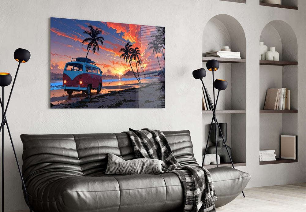 a retro camper van on a beach at sunset glass wall art styled above an armchair in a reading corner