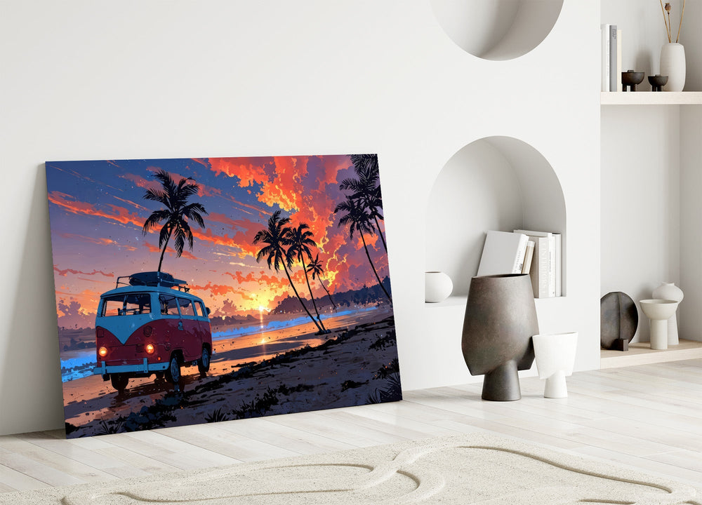 a retro camper van on a beach at sunset panel bringing character to a minimalist living room wall