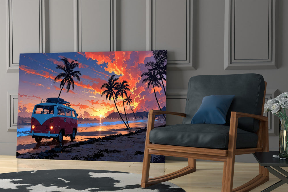 a retro camper van on a beach at sunset panel resting in a shelving niche in a modern interior