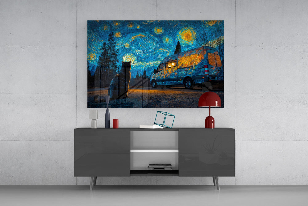 a cat watching a camper van under a swirling starry sky glass wall art styled in an atmospheric room setting