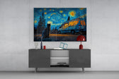a cat watching a camper van under a swirling starry sky glass wall art styled in an atmospheric room setting