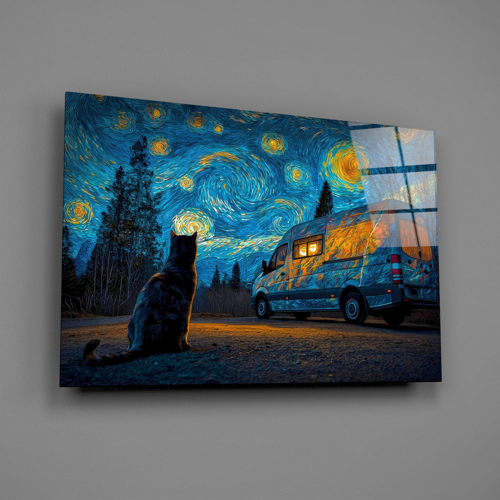 a cat watching a camper van under a swirling starry sky glass wall art angled to show the polished tempered glass panel